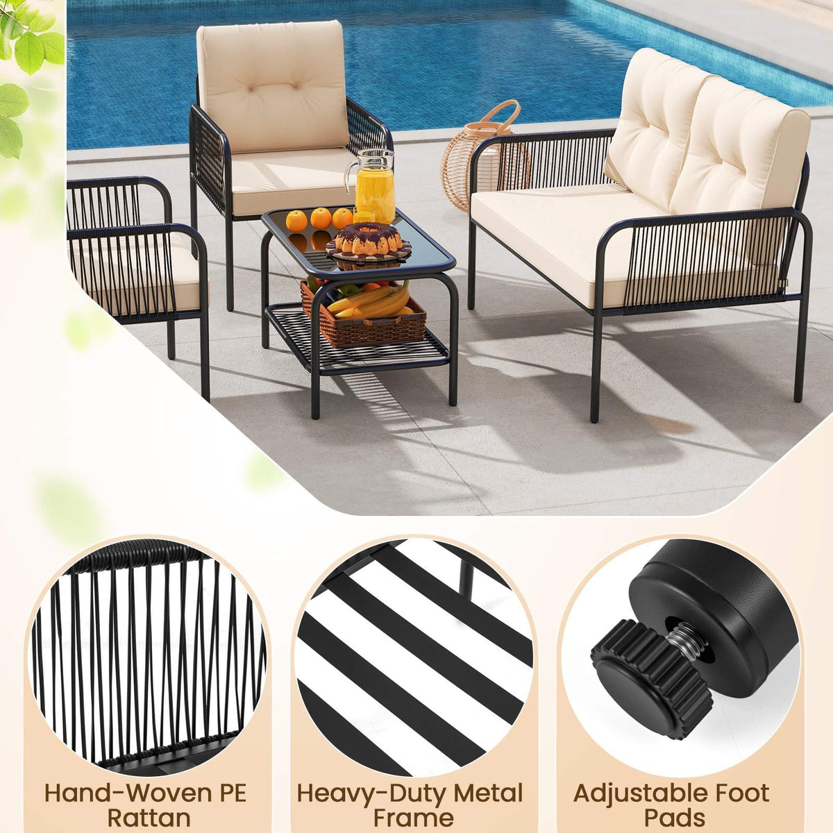 4 Pieces Patio Furniture Set, PE Rattan Sofa Chairs