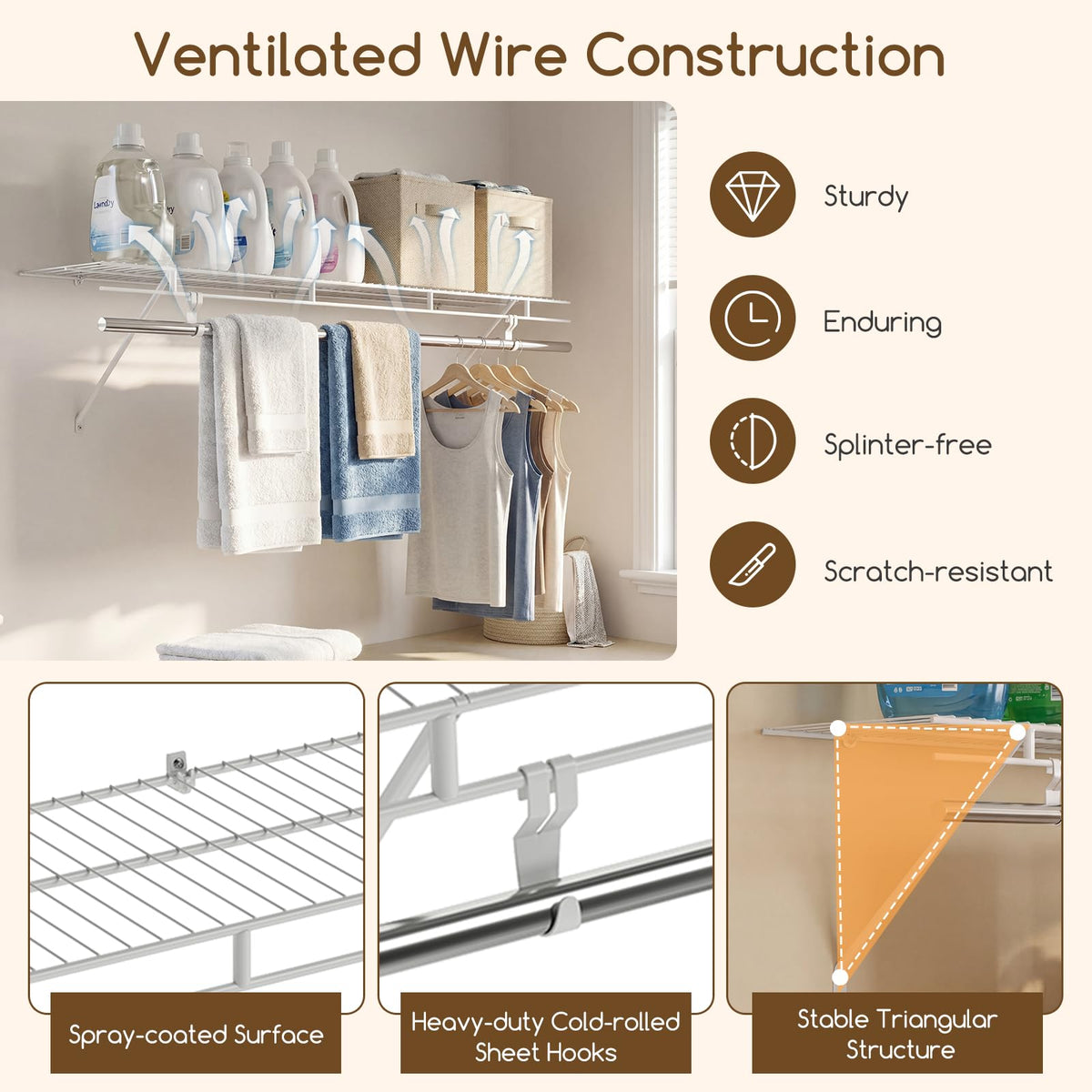 122 x 30 cm Wall‑Mounted Closet Shelf with Hanging Rod