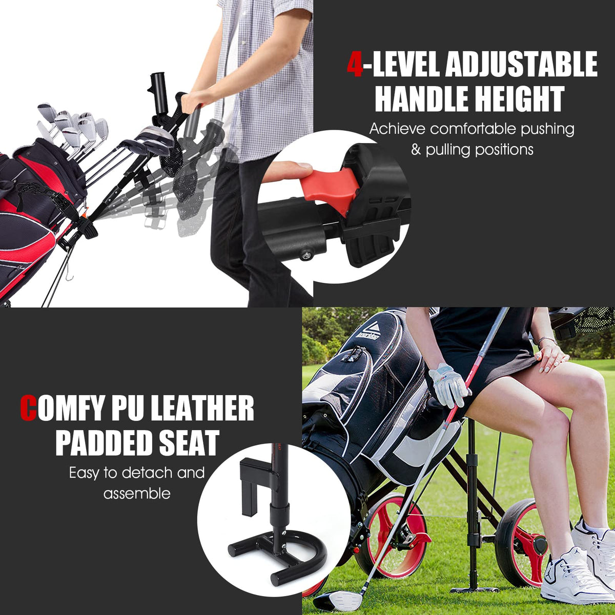 3-Wheel Folding Golf Push Cart, Multifunctional Push Pull Golf Trolley with Adjustable Handle