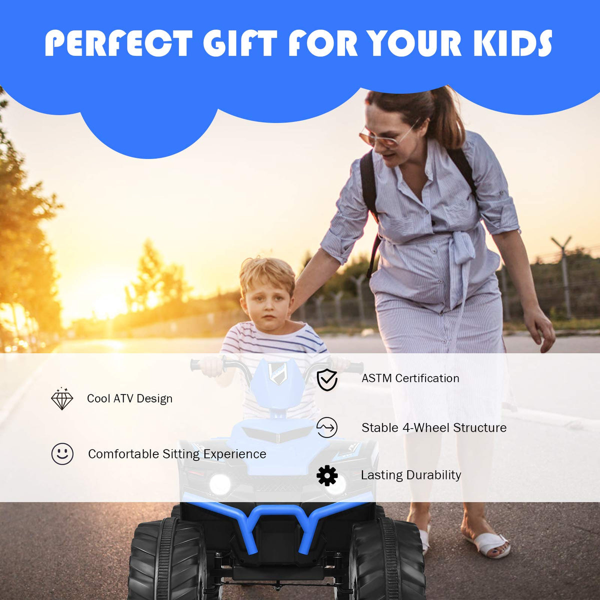 12V Electric Kids Quad ATV Ride on Car with Music and Bright LED Lights