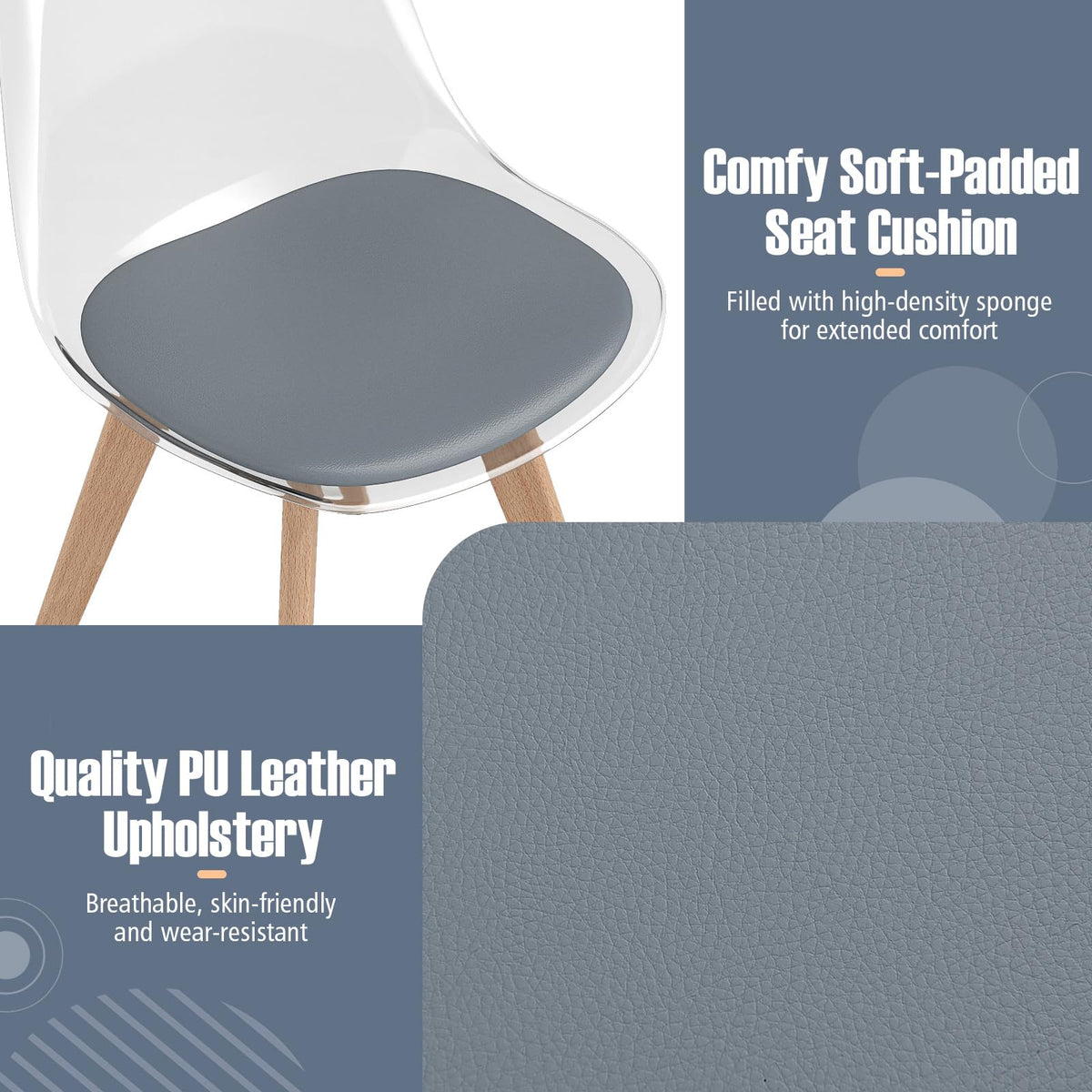 4-Pack Clear Dining Chairs with Wood Legs & PU Cushion