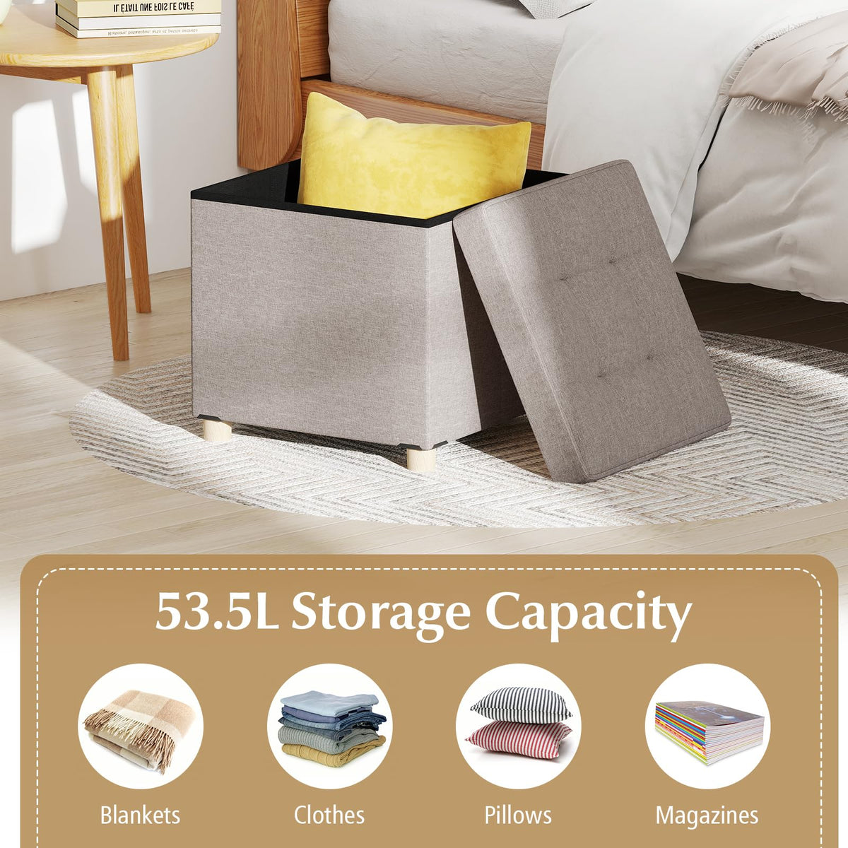 45cm Ottoman with Storage Linen Fabric Footstool