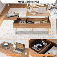 120cm Lift Top Coffee Table with Storage, Split Top Accent Table with Pneumatic Rods, Brown