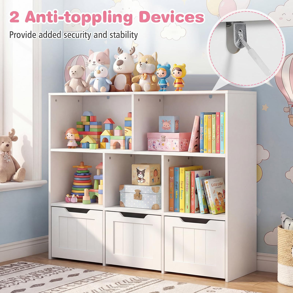 Kids Toy Storage Organizer, Children Bookshelf Toy Chest Box w/3 Movable Drawers