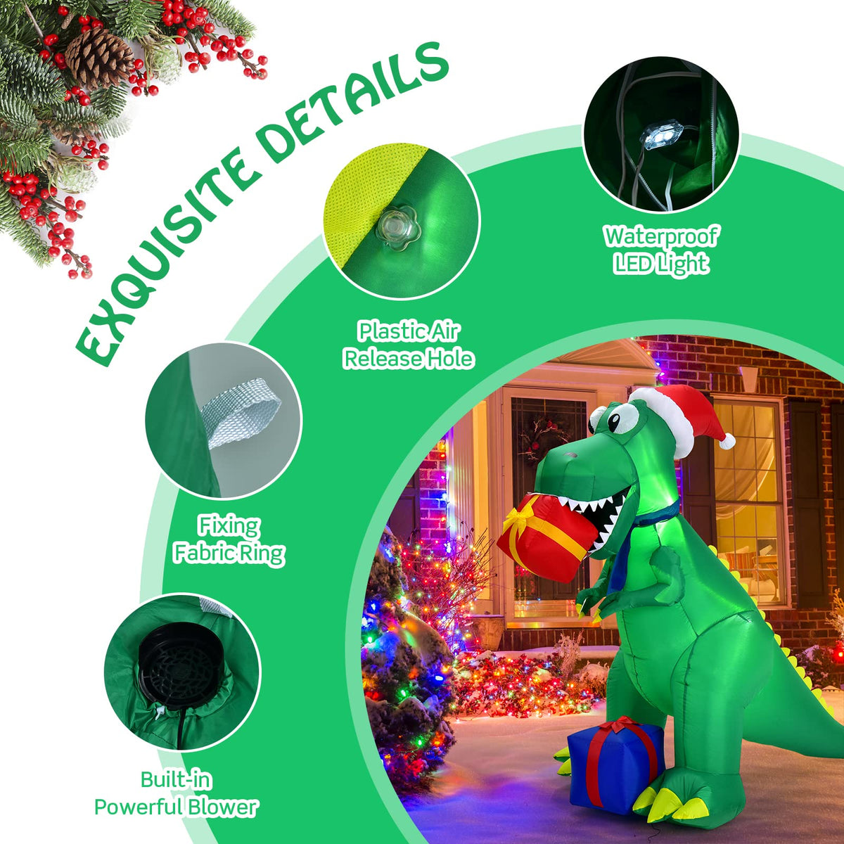 180 CM Christmas Inflatable Dinosaur with LED Lights for Yard & Deck