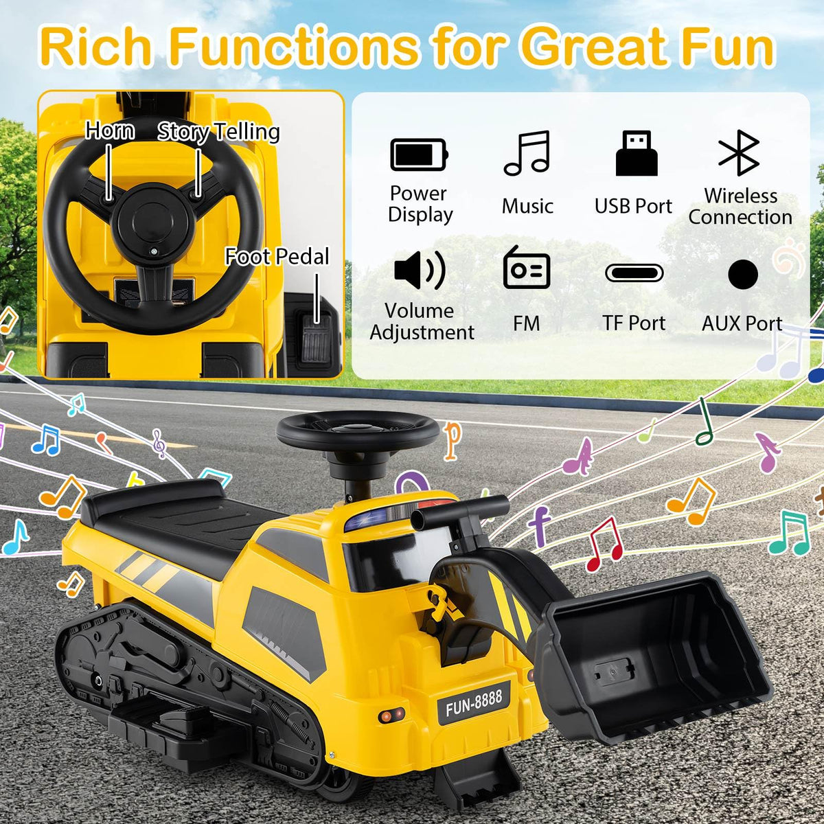 3-in-1 Kid Ride on Tractor w/Adjustable Arms, Electric Excavator Bulldozer Toy Road Roller