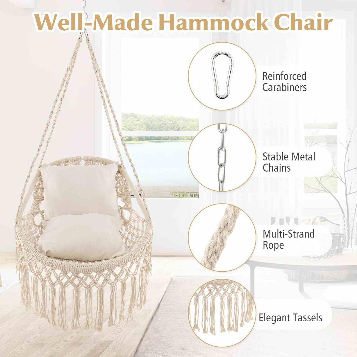 Hanging Hammock Chair with Soft Seat Cushions for Patio/Bedroom