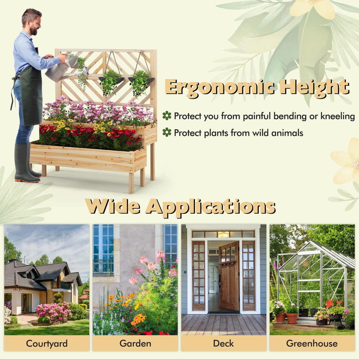 Giantex 2-Tier Raised Garden Bed w/Trellis, Wooden Elevated Planter Box w/Legs