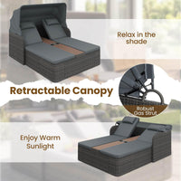 Rattan Double Daybed, Outdoor Chaise Lounge Loveseat w/Retractable Sunshade