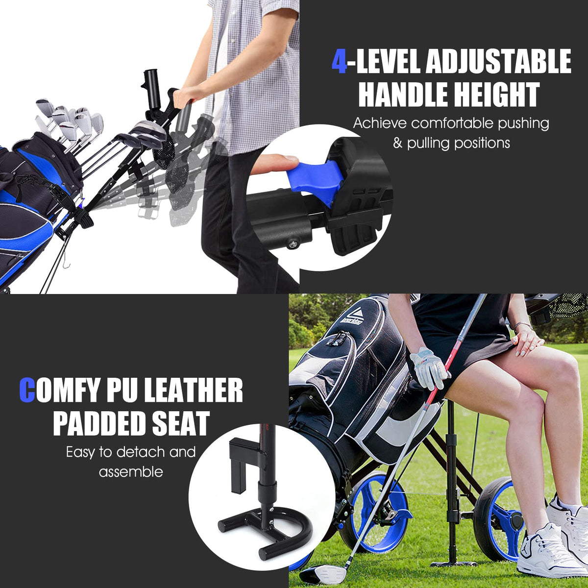 3-Wheel Folding Golf Push Cart, Multifunctional Push Pull Golf Trolley with Adjustable Handle