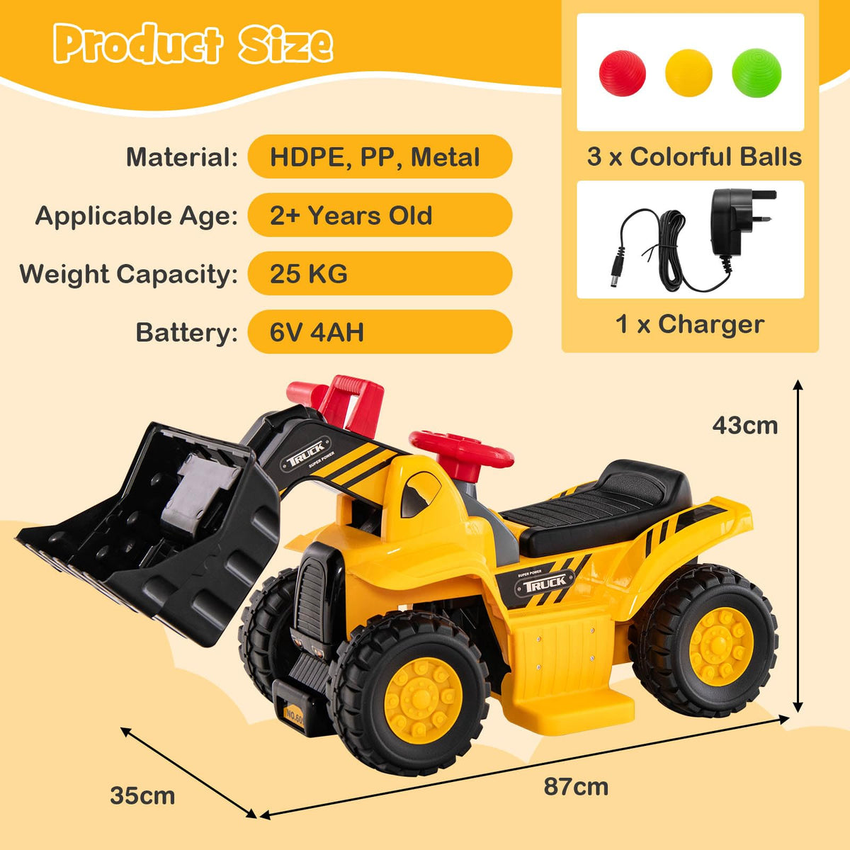 Kids Ride on Excavator, 6V Kids Electric Construction Vehicle w/Controllable Digging Bucket