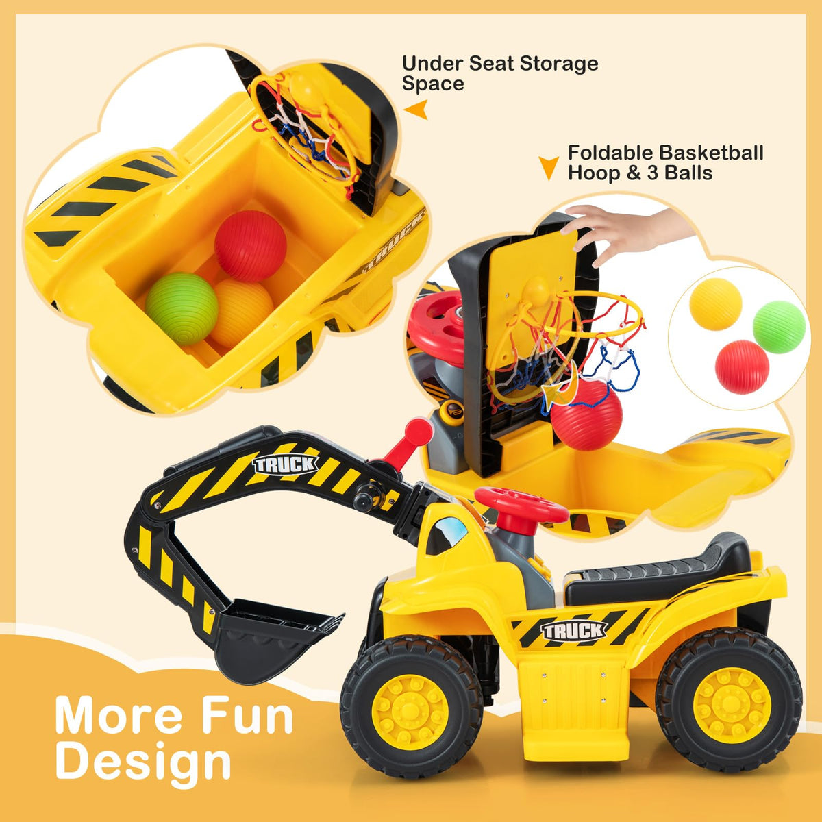 6V Kids Ride On Excavator, Multifunctional Construction Car w/Storage, Horn & Sound Effects