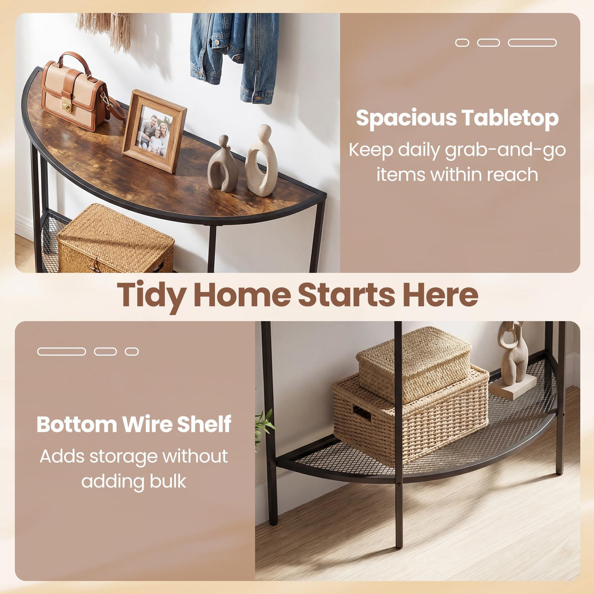 Half Moon Console Table 2-Tier Narrow Entryway Table with Storage Shelf