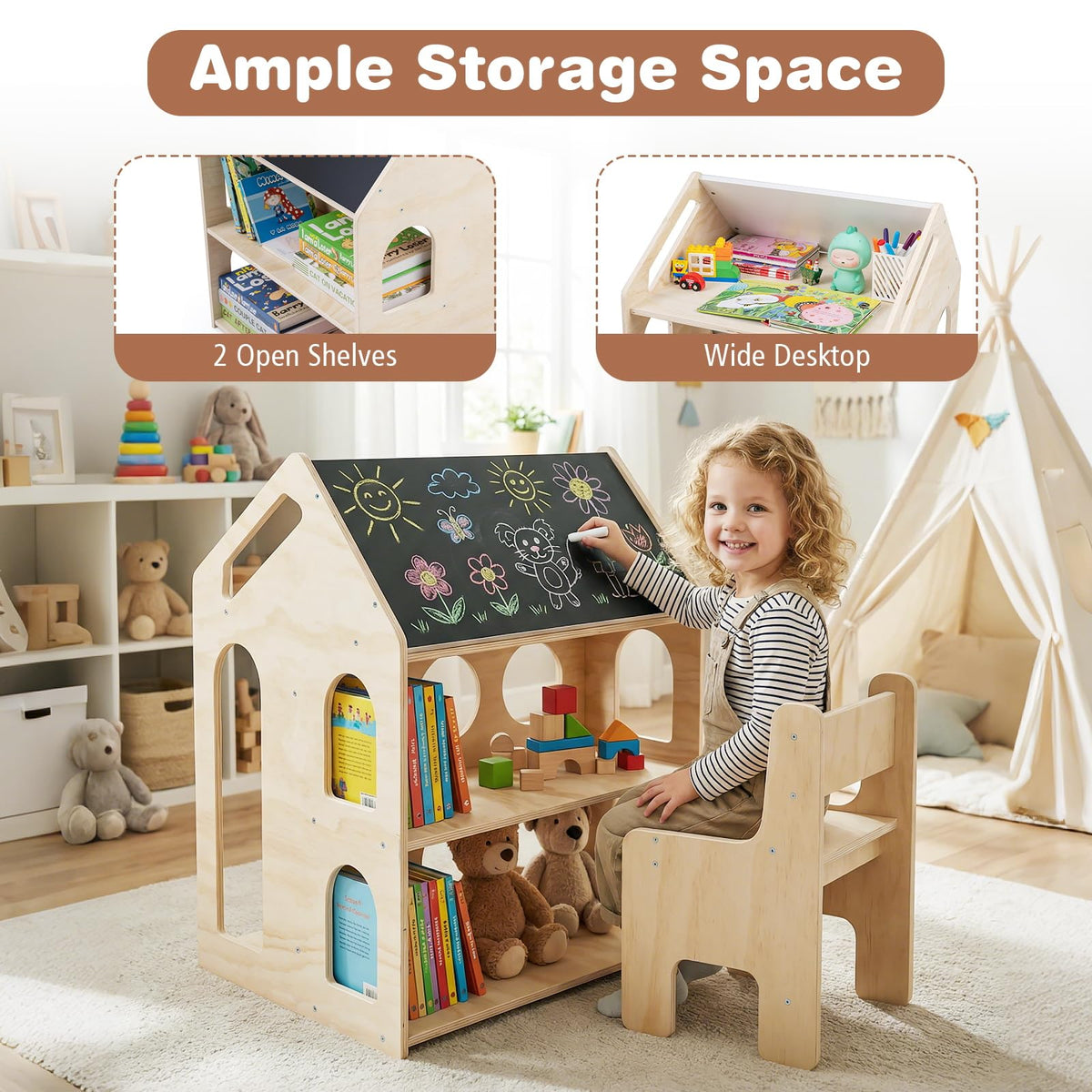 3-in-1 Toddler Art Table Set with 2 Bookshelves and Chalkboard for Painting and Crafting