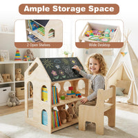 3-in-1 Toddler Art Table Set with 2 Bookshelves and Chalkboard for Painting and Crafting