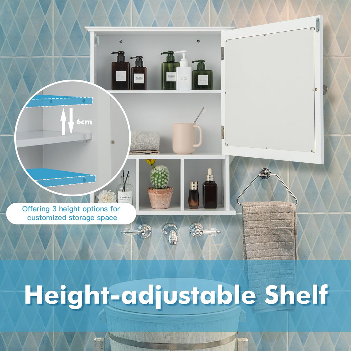 Wall-mounted Bathroom Cabinet with Adjustable Shelf and Open Compartments