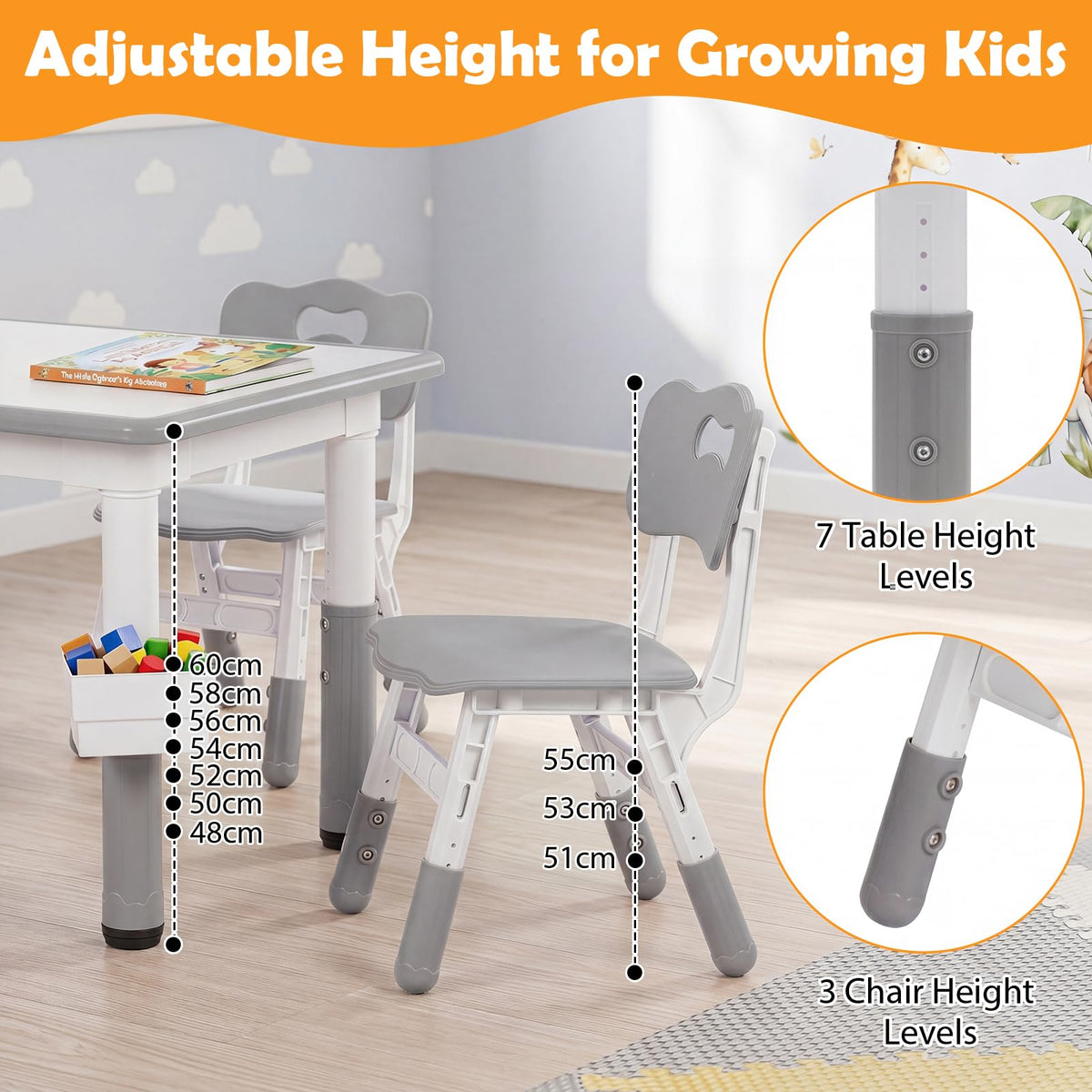 Kids Table and 4 Chairs Set, Height Adjustable Toddler Desk and Chair Set