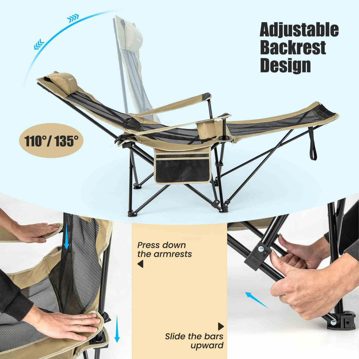 2 in 1 Folding Camping Lounge Chair with Detachable Footrest for Fishing Picnics