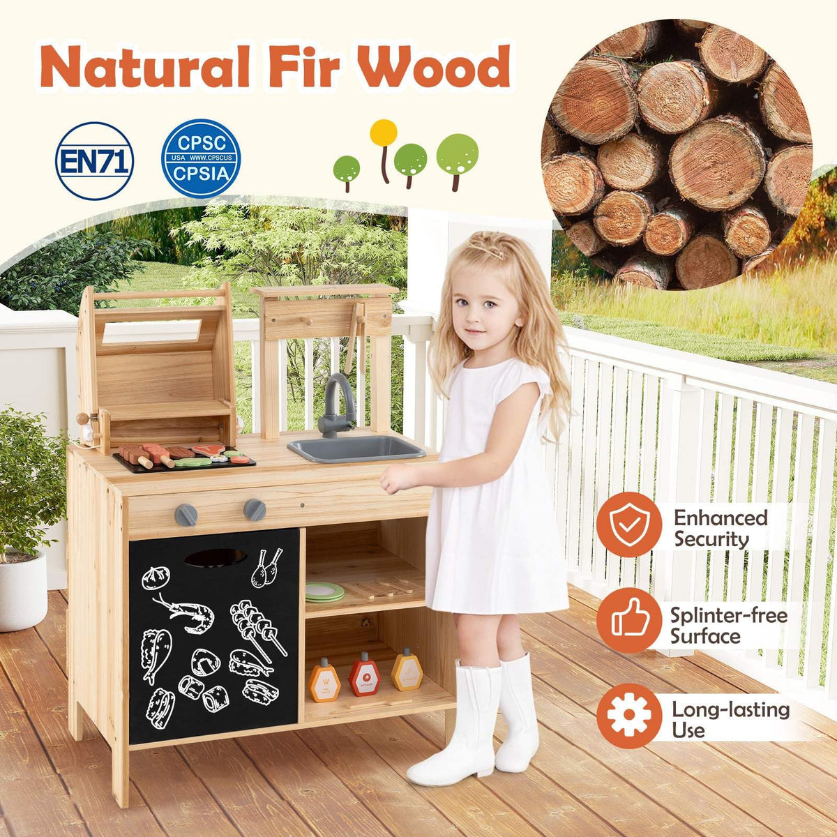 Wooden Barbecue Grill Playset, Pretend Play Kitchen Set with Play