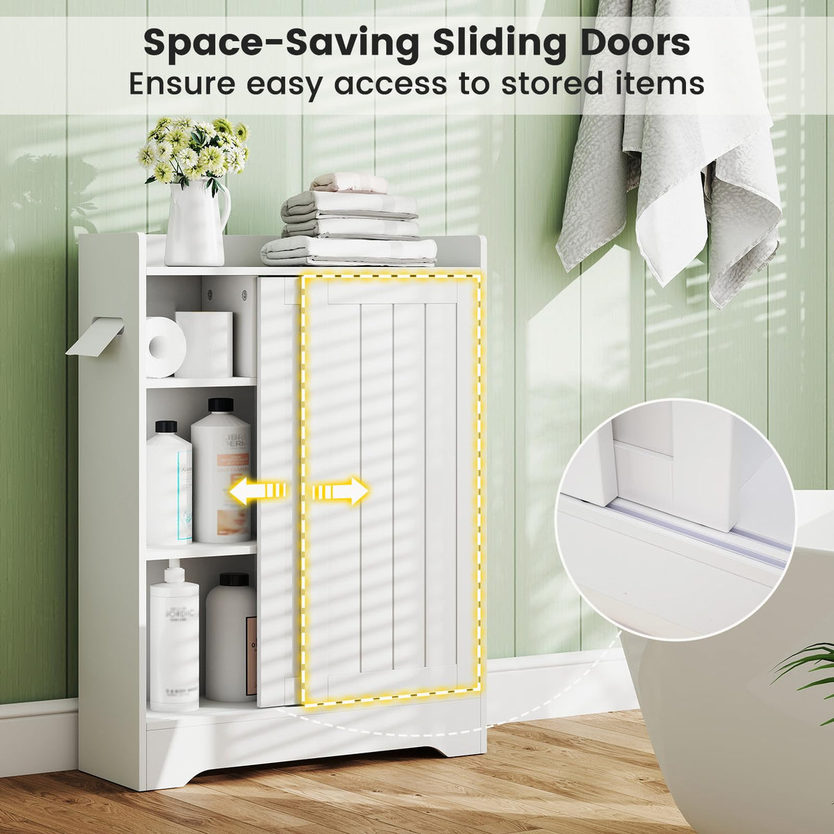 Bathroom Storage Cabinet Slim Floor Cabinet with Toilet Paper Holders Brush Compartment