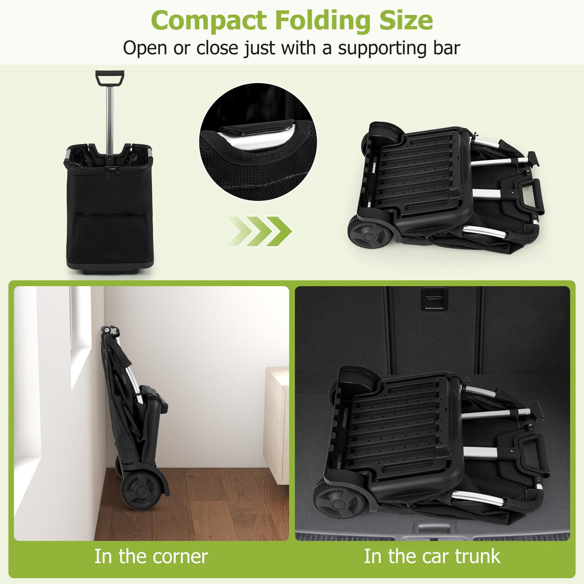 50L Folding Shopping Cart with 3 Pockets and Retractable Handlebar for Grocery