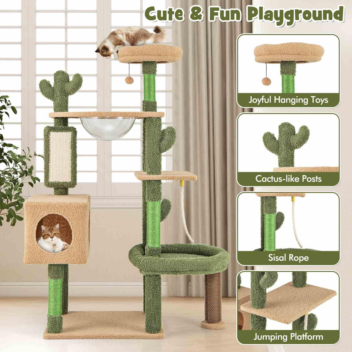 150cm Cactus Cat Tree for Indoor Cats, Multi-Level Cat Tower w/Sisal Scratching Posts & Board