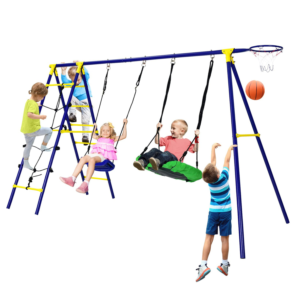 5-in-1 Outdoor Backyard Kids Swing Set with A-Shaped Metal Frame
