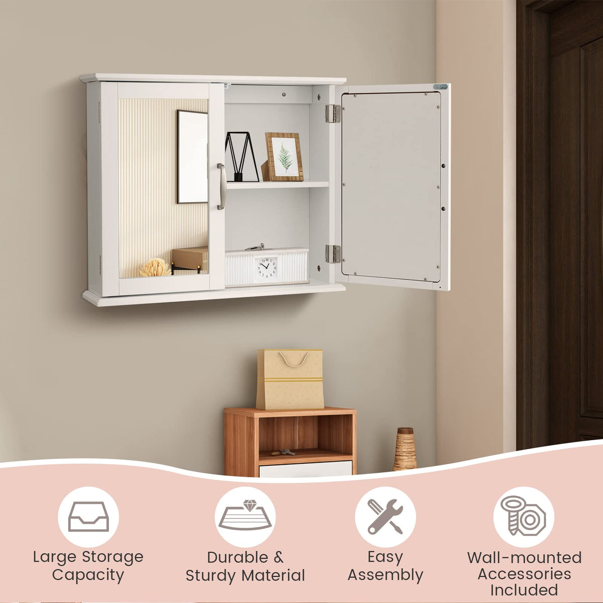 Mirrored Bathroom Wall Cabinet with Double Mirrored Doors and Two Shelves