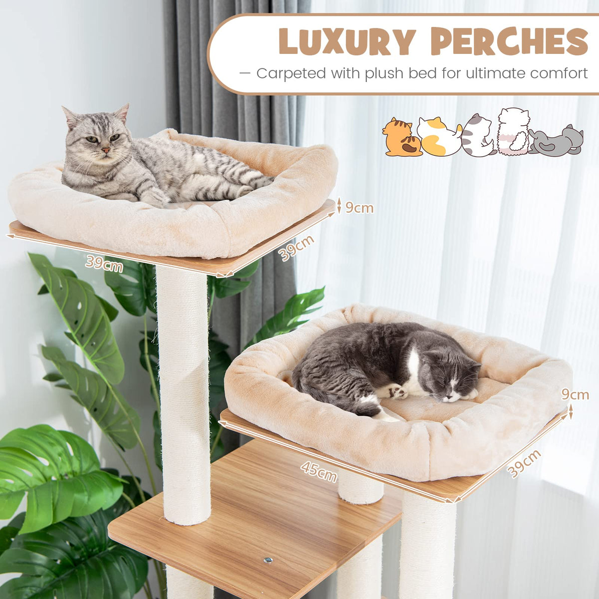 Modern Cat Tree for Indoor Cats, Multi-Level Tall Cute Cat Tree with 2 Top Plush Perches