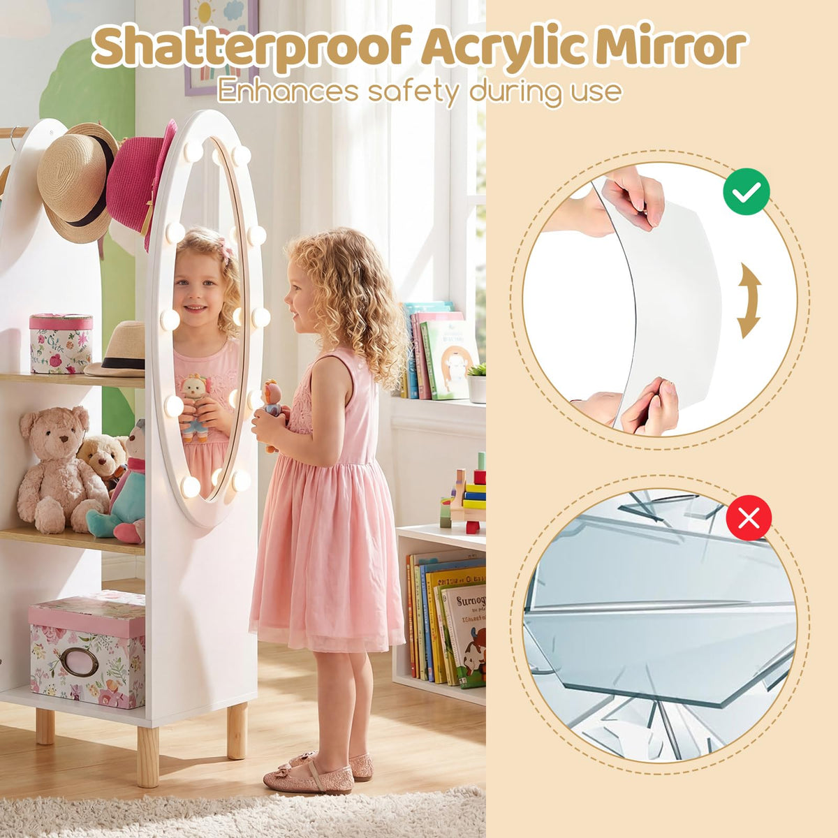 Kids Dress Up Storage with Mirror and Lights, Open Hanging Wardrobe Closet Armoire