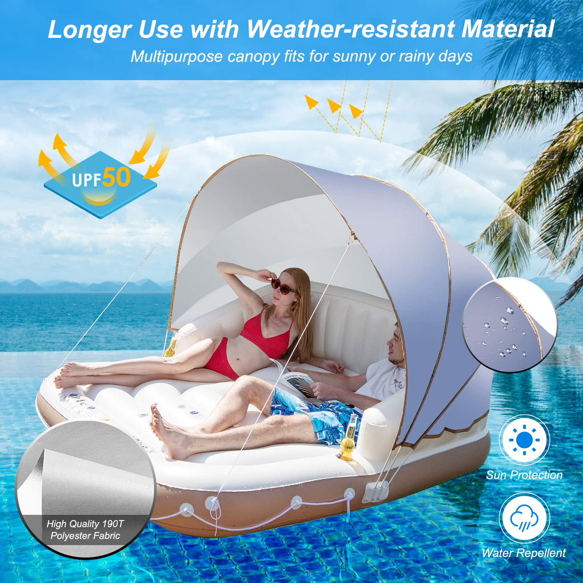 Canopy Island Inflatable Pool Float Lounge, Swimming Raft Lounge w/High Backrest Armrest Adults & Kids