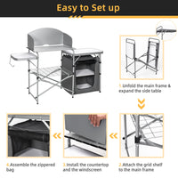 Outdoor Camping Table with Storage, Aluminium Folding Camp Kitchen with Windscreen