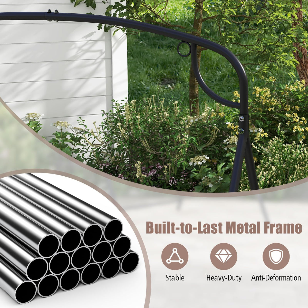 Patio Metal Swing Stand, Heavy-Duty A-Shaped Porch Swing Frame w/Double Side Bars & 2-Ring Design