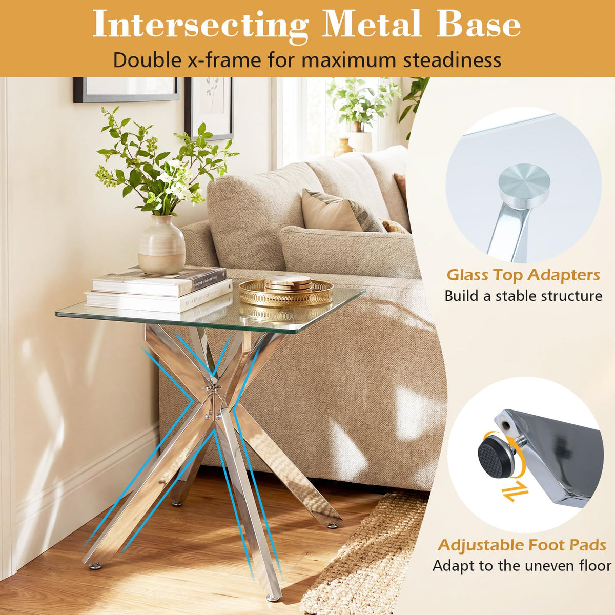 Glass Side Table with Tempered Glass Top and Metal X Base for Living Room and Bedroom