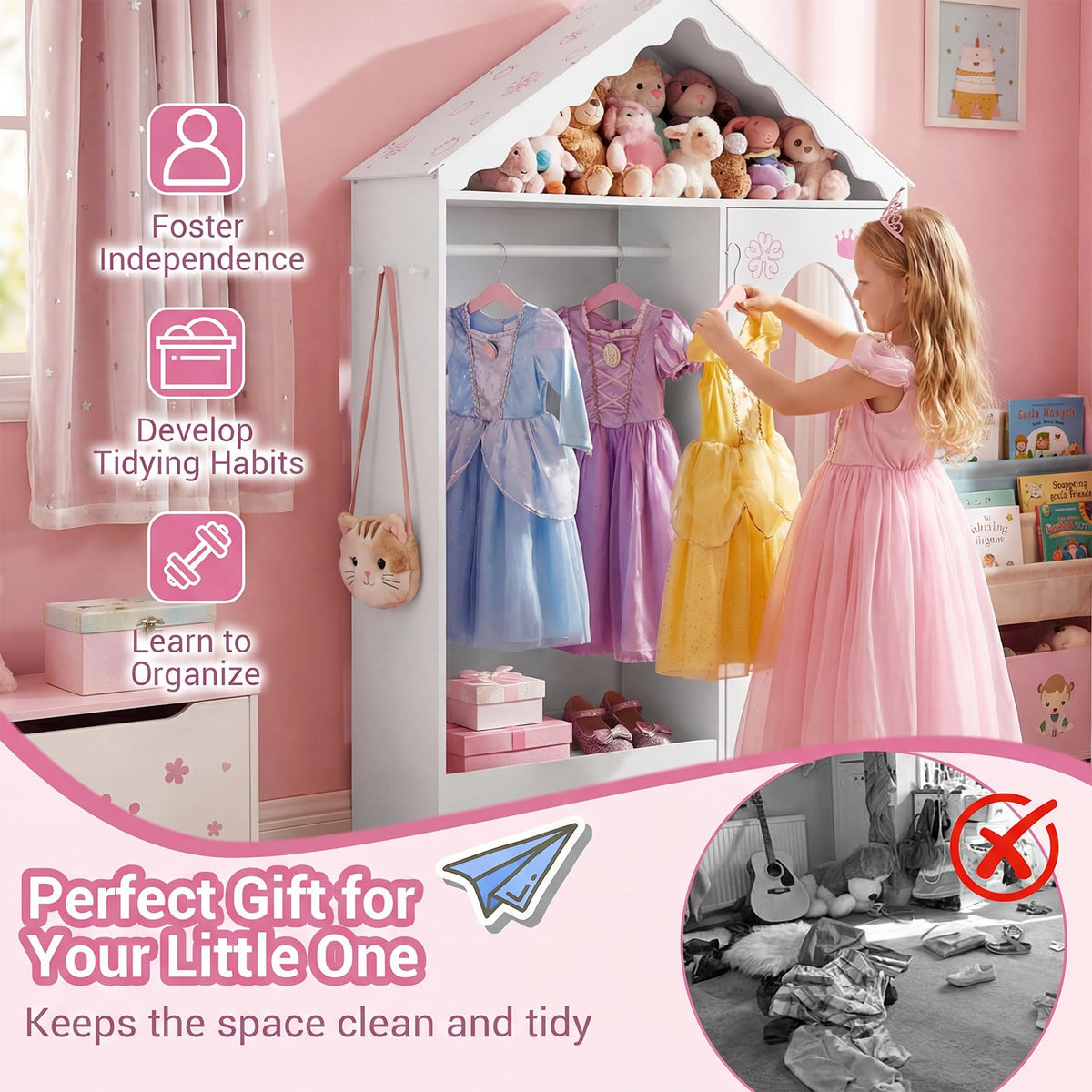 Kids Clothing Rack with Mirror, Children Dress Up Center w/Open Hanging Rack