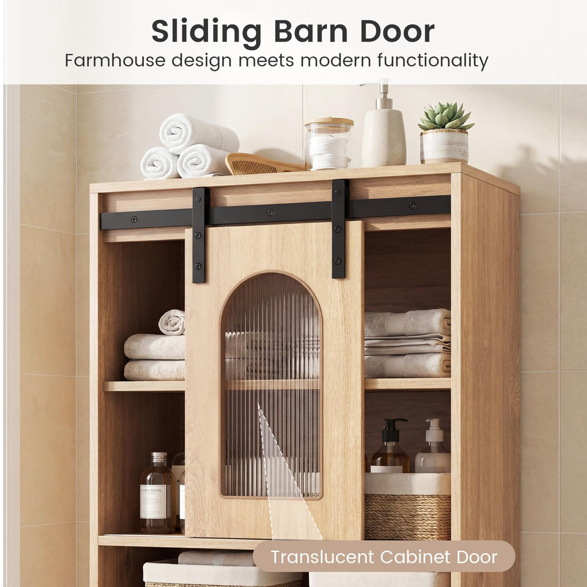 Farmhouse Bathroom Floor Cabinet with Sliding Barn Door and Shelves