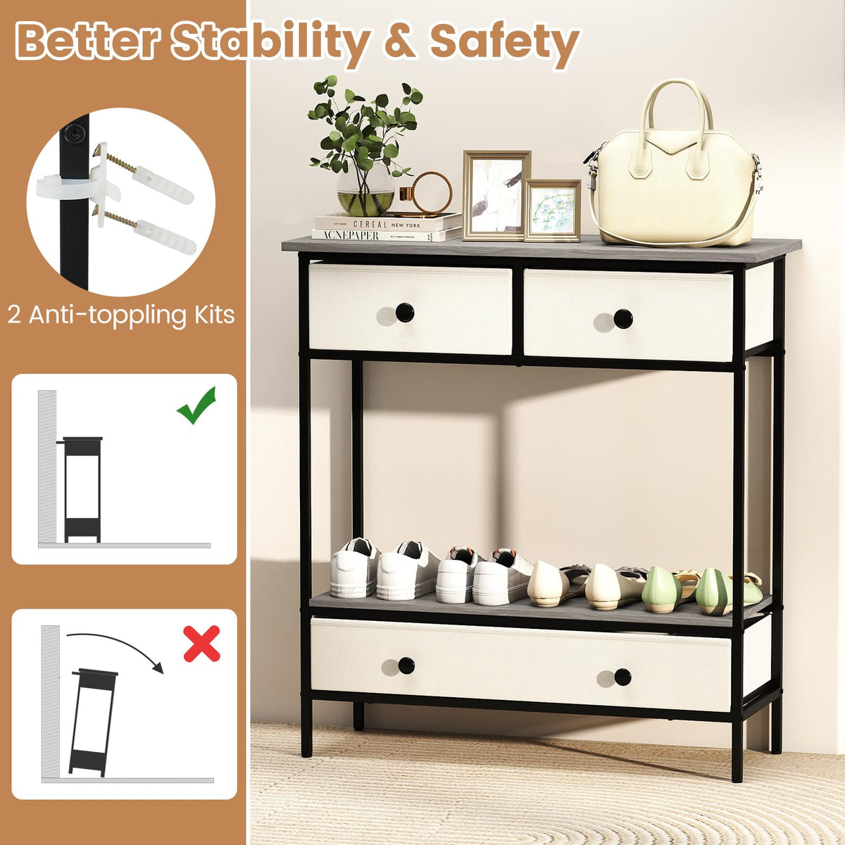 Console Table with Drawers Industrial Entryway Table with Open Storage Shelf