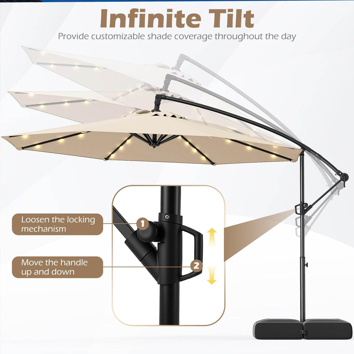 3m Solar Offset Hanging Umbrella with Base, Patio Cantilever Umbrella