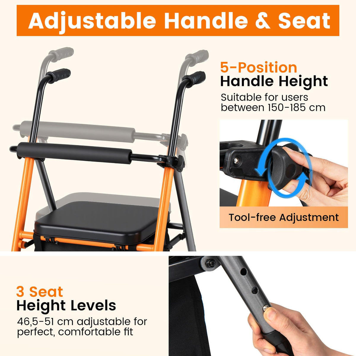Folding Lightweight Rollator Walker with Backrest and Adjustable Height 136 KG Capacity