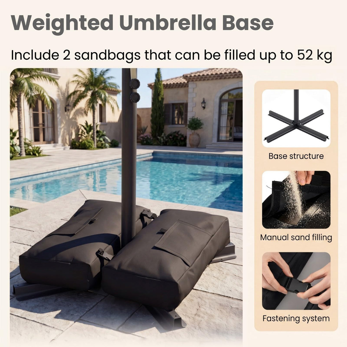 2.8M Patio Umbrella with Weighted Base Sandbags and Push Button Tilt for Garden