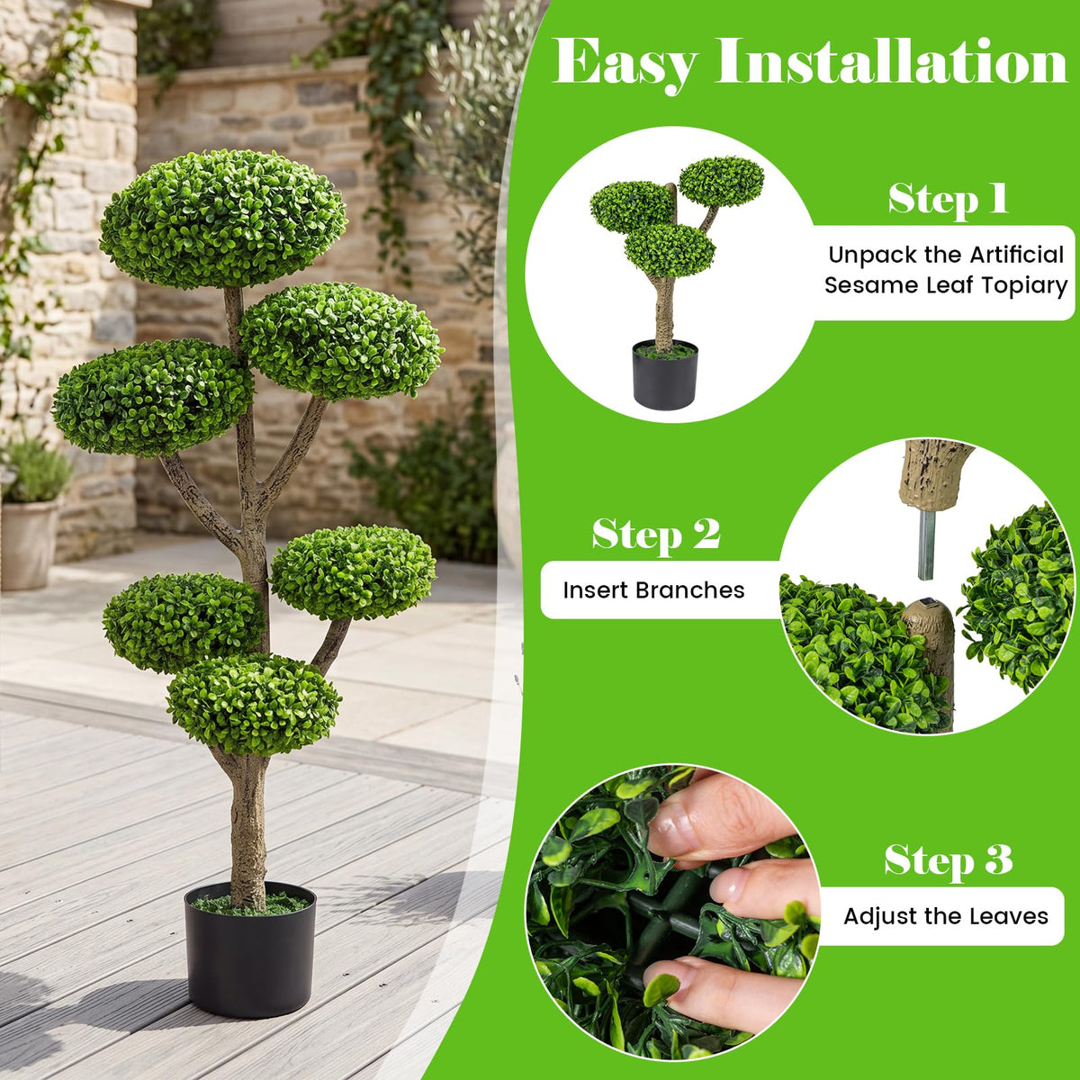 45" Artificial Sesame Leaf Topiary Tree, Indoor Outdoor 6 Balls Fake Plants