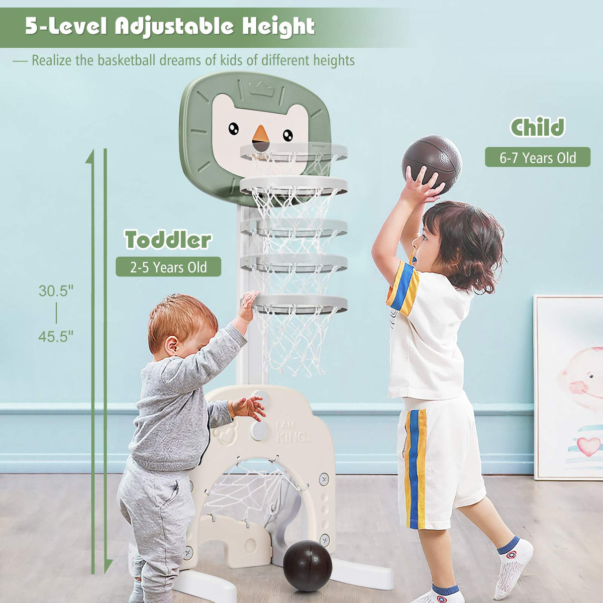 3-In-1 Children's Playground with Height-Adjustable Basketball Stand