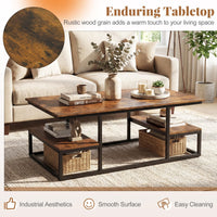 Rectangle Center Table with Open Shelves and Metal Frame for Living Room