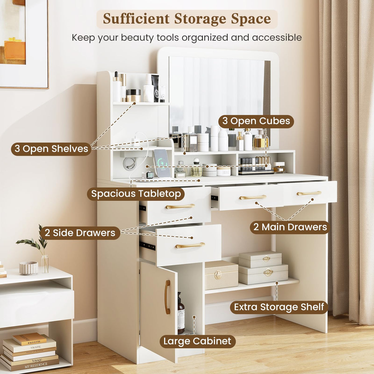 Vanity Desk with Mirror Charging Station USB and Type-C Ports