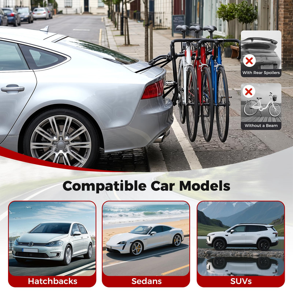 3-Bike Trunk Mount Bike Rack, Foldable Carbon Steel Bicycle Carrier for Hatchback