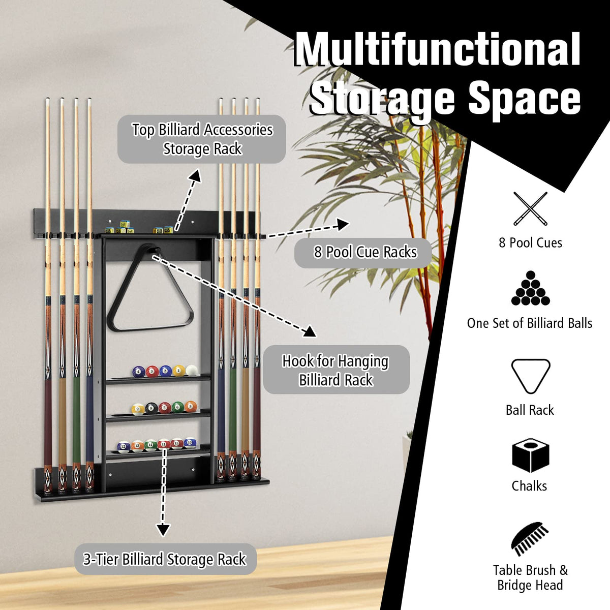 Billiards Pool Cue Rack Only, Wall Mounted Billiard Stick Holder