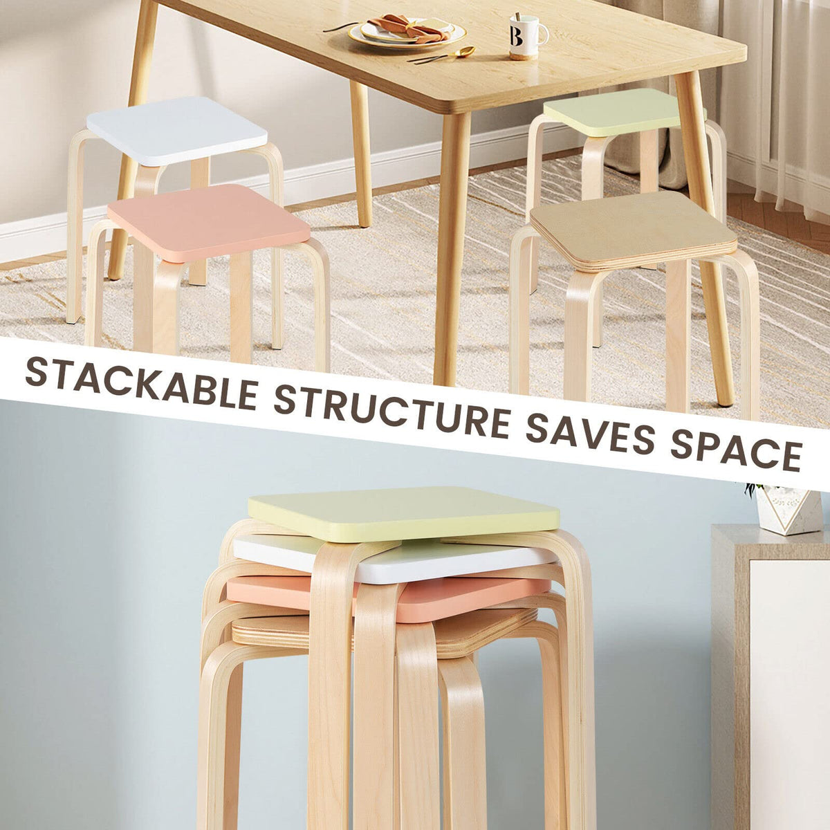 Giantex 4Pcs Colorful Stools, Square Backless Stools w/ Painted Surface & Anti-Slip Felt Mats