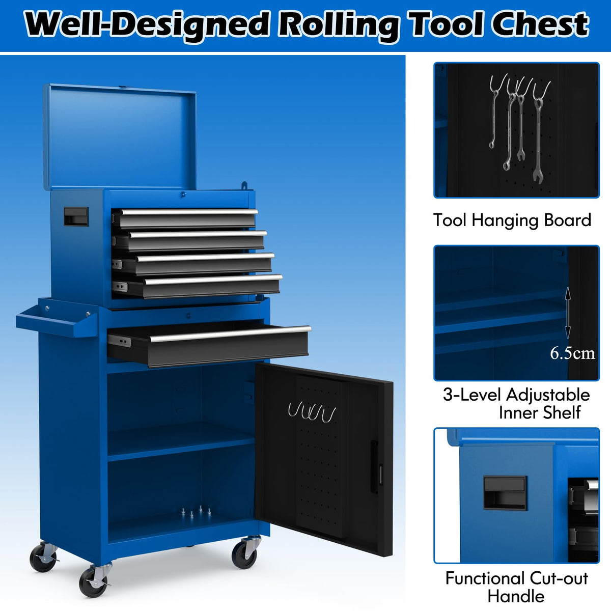 High Capacity Tool Storage Cabinet with Lockable Wheels for Garage
