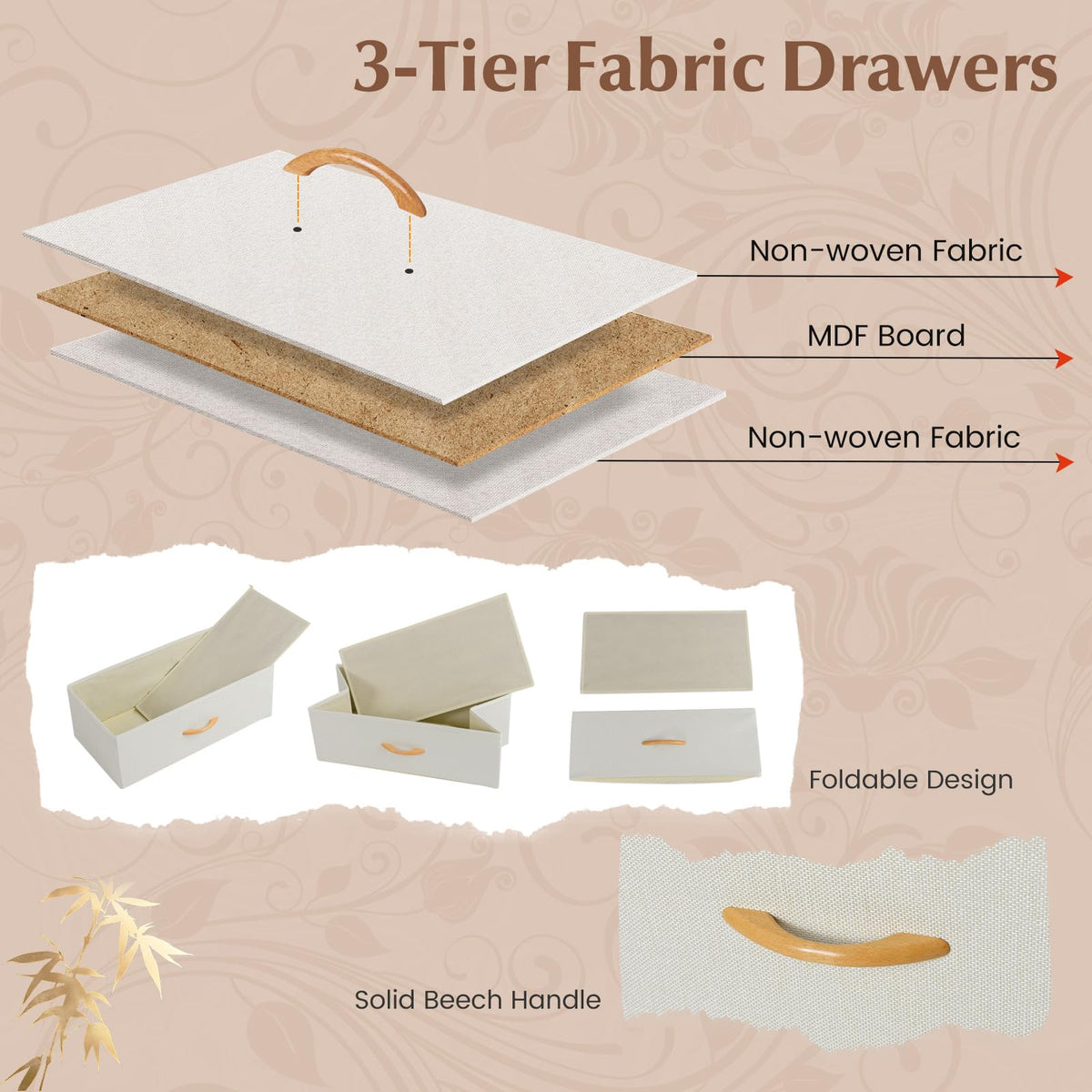 Giantex 5-Drawer Dresser for Bedroom, Bamboo Storage Tower with 5 Foldable Fabric Drawers