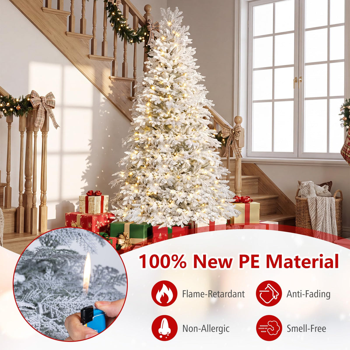 180cm Pre-Lit Artificial Christmas Tree with Snow Flocked Branch Tips